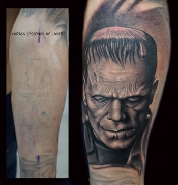 Tattoo del monstruo Frankenstein en blanco y negro