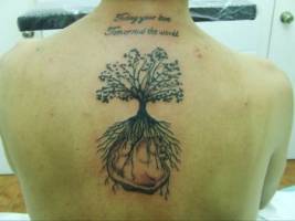 Tatuaje de un árbol con sus raíces en un corazón