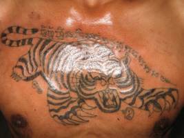 Tatuaje de un tigre con unos mantras